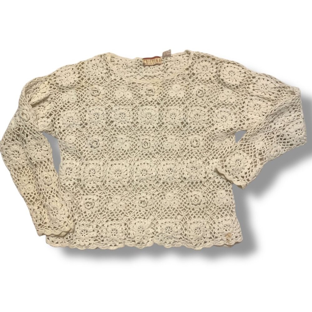 VTG Women's Crochet Top Beige Long‎ Sleeve M Hobo Coastal Cowgirl Cottagecore